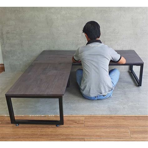 Bàn ngồi bệt góc L 140x140cm gỗ cao su chân sắt .
